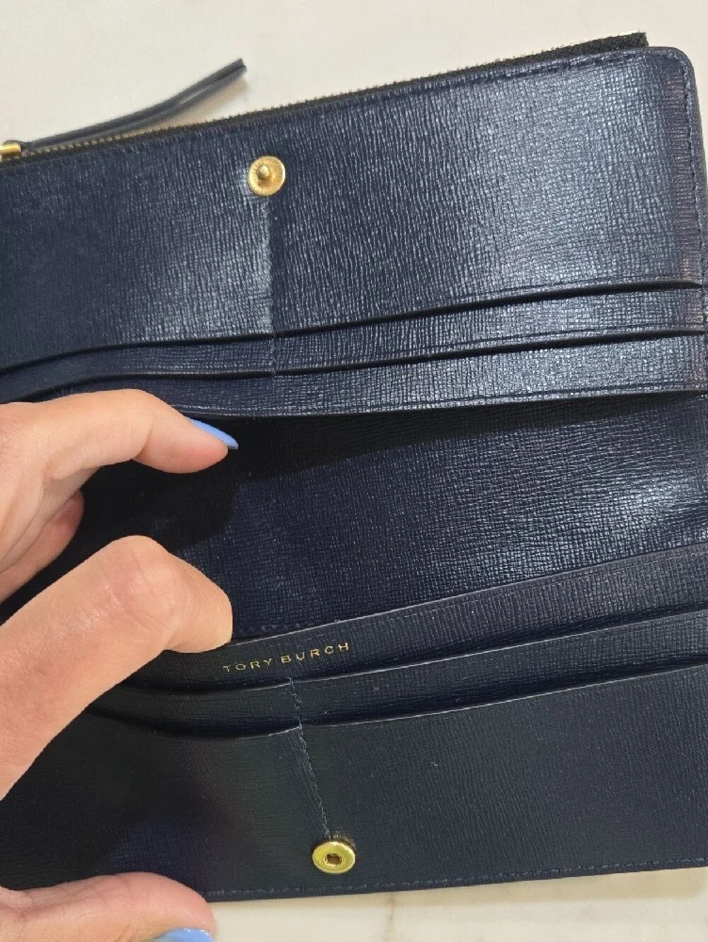 Tory Burch Black Leather Zip-Around Wallet with Gold Logo